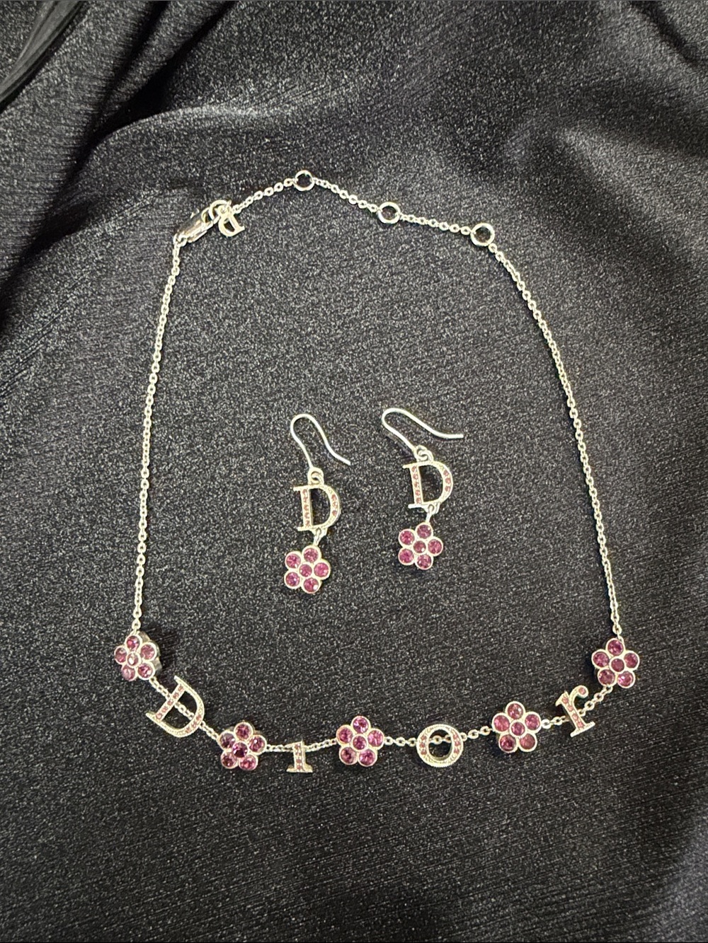 Dior Silver-Tone Necklace & Earrings with Pink Flower Accents